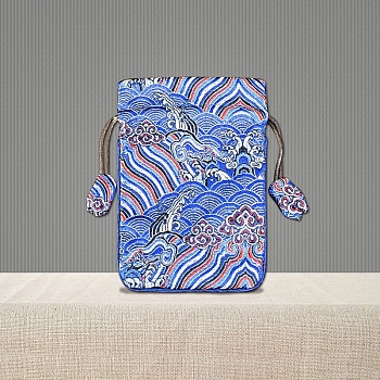 Chinese Style Brocade Drawstring Gift Blessing Bags, Landscape Print Jewelry Storage Pouches for Wedding Party Candy Packaging, Rectangle, Royal Blue, 15x10cm