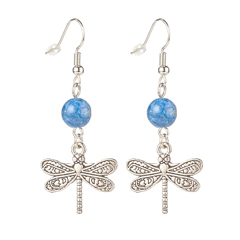 Round Natural Mashan Jade with Alloy Dragonfly Dangle Earrings, Brass Earrings for Women, Medium Blue, 50mm, Pin: 0.6mm
