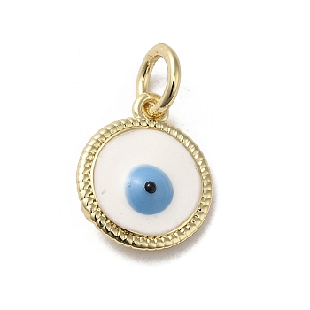 Brass Enamel Charms, with Jump Ring, Real 18K Gold Plated, Flat Round with Evil Eye Charm, White, 13.5x11.5x3.7mm, Hole: 3.2mm