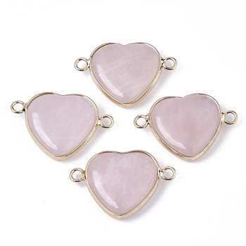 Natural Rose Quartz Links, with Light Gold Plated Edge Brass Loops, Flat Round, Faceted, 19.5x28.5x6mm, Hole: 2mm