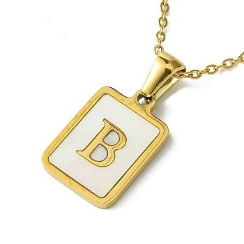 Ion Plating(IP) Rectangle with Initial Letter 304 Stainless Steel Pendant Necklace, white Shell, Real 18K Gold Plated, Letter B, 16.06 inch(40.8cm)