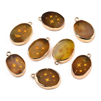 Natural Agate Pendants, with Light Gold Plated Brass Edge & Iorn Loops, Gold Powder, Dyed & Heated, Oval with Star Charm, Dark Goldenrod, 23~24x15~16.5x4~6.5mm, Hole: 1.6mm