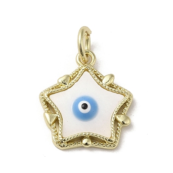 Evil Eye Enamel Shell Pendants, Brass Star Charms with Jump Rings, Real 18K Gold Plated, Deep Sky Blue, 17x15x3.6mm, Hole: 3.7mm