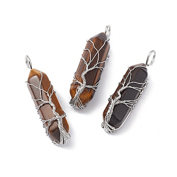 Natural Tiger Eye Copper Wire Wrapped Pendants, Faceted Bullet Charms, Platinum, 49x14.5x11.5mm, Hole: 5mm