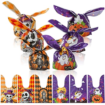 60Pcs 2 Styles Rabbit Shaped Halloween Candy Plastic Bags, Printed Candy Gift Bags, Mixed Color, 21.5~22.5x13.6x0.01cm, 30pcs/style