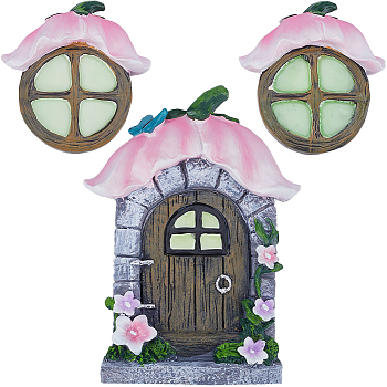 Resin Fairy Gnome Window and Door Sculpture, for Garden Tree Decoration, Colorful, 147x106x20.5mm, Hole: 11.5x17mm