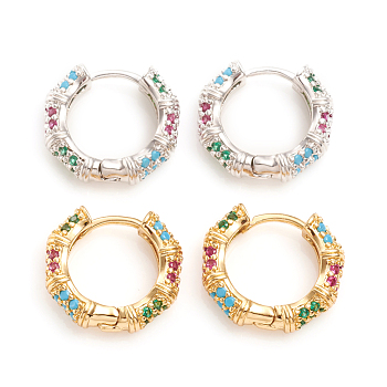 Brass Micro Pave Cubic Zirconia Huggie Hoop Earrings, Ring, Colorful, Mixed Color, 15.5x16.5x4mm, Pin: 1mm