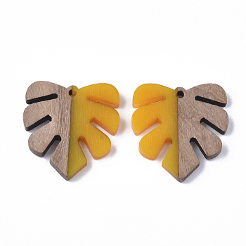 Resin & Wood Pendants, Tropical Leaf Charms, Monstera Leaf Pendant, Gold, 30x28x3.5mm, Hole: 2mm