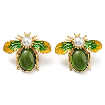 Alloy Enamel Bees Stud Earrings with Glass Beaded, Plastic Imitation Pearl Earrings with 925 Sterling Silver Pins, Green, 31x37mm