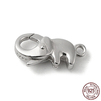 Rhodium Plated 925 Sterling Silver Lobster Claw Clasps, Elephant, with 925 Stamp, Real Platinum Plated, 14x7x4mm, Hole: 1.2mm