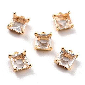 Rack Plating Brass Glass Charms, Long-Lasting Plated, Square, Real 18K Gold Plated, 11.5x9x5.5mm, Hole: 1.6mm