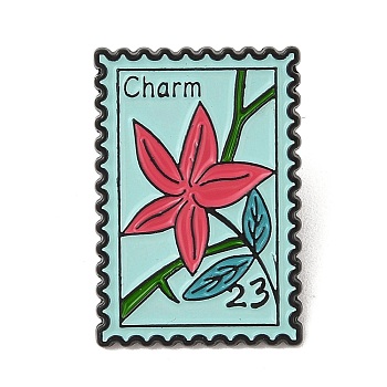 Leaf/Flower Alloy Brooches, Plant Stamp Enamel Pins, Rectangle, Pale Turquoise, 30x20.5mm