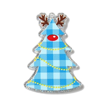 Christmas Tree Acrylic Pendants, with Glitter Power, Deep Sky Blue, 40x28x2mm, Hole: 1.6mm