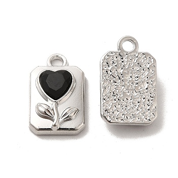 Glass Rectangle with Heart Pendants, with Platinum Alloy Finding, Long-Lasting Plated, Cadmium Free & Lead Free, Black, 17x10.5x5mm, Hole: 2mm