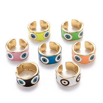 Brass Enamel Cuff Rings, Open Rings, Long-Lasting Plated, Evil Eye, Golden, Mixed Color, US Size 8(18.1mm)