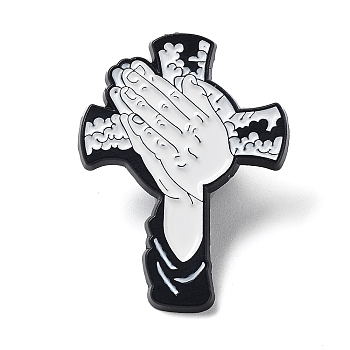 Religion Enamel Pins, Black Alloy Brooch for Backpack Clothes, Cross & Playing Hands, Palm, 30.5x22.5x1.5mm