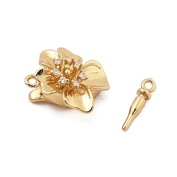 Brass Micro Pave Clear Cubic Zirconia Box Clasps, Flower, Real 18K Gold Plated, 15x17x8mm, Hole: 1.2mm