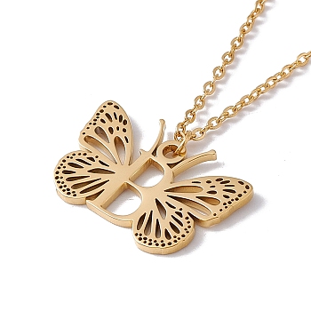 Initial Letter with Butterfly Pendant Necklace, Golden 304 Stainless Steel Jewelry for Women, Letter.B, Pendant: 16.5x24.5x1mm, 15.55 inch(39.5cm)