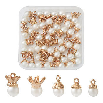 50Pcs 5 Styles Resin Imitation Pearl Pendants, with Light Gold Plated Alloy Findings, Mix-shaped, Floral White, 7.5~15.5x7.5~12x7.5~10.5mm, Hole: 1.2~1.5mm, 10pcs/style