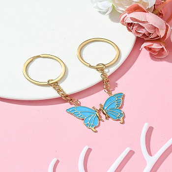 Alloy Enamel Keychain, with Iron Findings, Butterfly, Deep Sky Blue, 86mm