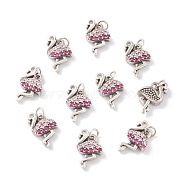 Brass Micro Pave Cerise & Pink Cubic Zirconia Charms, with Jump Rings, Long-Lasting Plated, Swan, Antique Silver, 14x7.5x2.5mm, Jump Ring: 4x0.5mm, Inner Diameter: 2.5mm(ZIRC-A016-04AS)