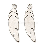304 Stainless Steel Pendants, Laser Cut, Feather Charm, Stainless Steel Color, 25x6.5x1mm, Hole: 1.6mm(STAS-F296-03P)