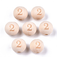 Unfinished Natural Wood European Beads, Large Hole Beads, Laser Engraved Pattern, Round with Number, Num.2, 15~16x14~15mm, Hole: 4mm(WOOD-S045-141A-2)