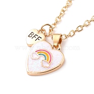 BFF/Best Friends Forever Alloy Pendant Necklaces, Enamel Glitter Powder Heart & Rainbow Necklace, Golden, Pink, 18.18 inch(46.2cm), 1.7mm(NJEW-K124-01G-02)