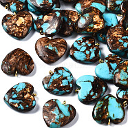 Assembled Bronzite and Synthetic Turquoise Pendants, with Iron Findings, Heart, Golden, 20~22x19~20x5~7mm, Hole: 2mm(G-T111-04C)