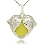 Silver Color Plated Brass Hollow Heart Cage Pendants, with No Hole Spray Painted Brass Ball Beads, Yellow, 28x30x16mm, Hole: 3x8mm(KK-J241-07S)