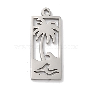 Non-Tarnish 304 Stainless Steel Pendants, Laser Cut, Rectangle with Coconut Tree & Sea Wave Charm, Stainless Steel Color, 26x10.5x1mm, Hole: 1.5mm(STAS-U010-15P)