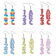 6 Sets 6 Colors Wood Dangle Earrings with Iron Pins, Letter & Number Asymmetrical Earrings, Mixed Color, 75x16mm, 1 Set/color(EJEW-FI0003-27)