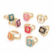 Brass Micro Pave Cubic Zirconia Wide Band Rings, Open Rings, with Enamel, Cadmium Free & Nickel Free & Lead Free, Rectangle with Strawberry, Real 16K Gold Plated, Mixed Color, US Size 8, Inner Diameter: 18mm(RJEW-S045-123-NR)
