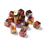 UV Plating Rainbow Iridescent Acrylic Beads, with Gold Foil, Cube, Sienna, 16x16x16mm, Hole: 3mm(PACR-H003-11)