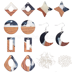 Olycraft DIY Wooden Dangle Earring Making Kits, Including Moon & Geometry & Teardrop Resin & Walnut Wood Pendants, Brass Earring Hooks & Jump Rings, Mixed Color, 28x22x3mm, Hole: 2mm, 92pcs/box(DIY-OC0006-46)