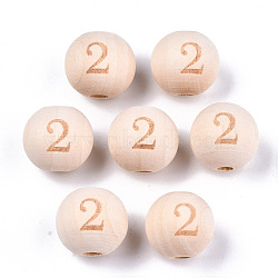 Unfinished Natural Wood European Beads, Large Hole Beads, Laser Engraved Pattern, Round with Number, Num.2, 15~16x14~15mm, Hole: 4mm(WOOD-S045-141A-2)
