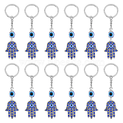 12Pcs Hamsa Hand with Evil Eye Alloy Rhinestones Keychains, with Resin Beads, for Women Bag Car Key Decoration, Platinum, 11.6x2.9cm(KEYC-DC0001-25)