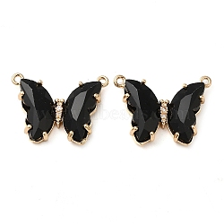 Brass Pave Faceted Glass Connector Charms, Golden Tone Butterfly Links, Black, 17.5x23x5mm, Hole: 0.9mm(FIND-Z020-03A)