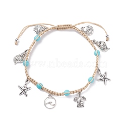 Synthetic Turquoise Braided Bead Anklet, Tortoise & Starfish & Shell Alloy Charm Adjustable Anklet for Women, Antique Silver, Inner Diameter: 2-3/4~3-3/8 inch(6.9~8.6cm)(AJEW-AN00483)