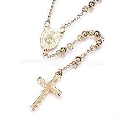 304 Stainless Steel Rosary Bead Necklaces, with Cross Pendant and Lobster Claw Clasps, Golden, 25.6 inch(65cm)(NJEW-D285-42G)