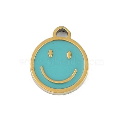 304 Stainless Steel Enamel Charms, Smiling Face Charms, Real 18K Gold Plated, Ion Plating(IP), Dark Turquoise, 9x8x1mm, Hole: 0.6mm(STAS-I325-063G-02)