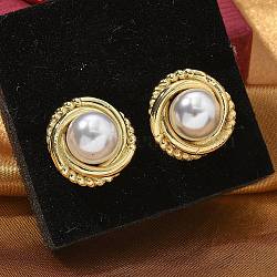 Brass Stud Earrings, with ABS Imitation Pearl, Lead Free & Cadmium Free, Long-Lasting Plated, Rack Plating, Half Round, Real 18K Gold Plated, 17x17mm(EJEW-R016-18G)