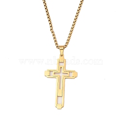 201 Stainless Steel Religion Pendant Box Chain Necklaces for Women, Double Cross, 23.62 inch(60cm), Pendant: 47x27x1.5mm(NJEW-U018-02G-01)