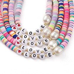 Valentine's Day Rainbow Polymer Clay Heishi Beaded Necklaces, with Acrylic Beads, Glass Seed Beads and Alloy Lobster Claw Clasps, Word Love, Platinum, Mixed Color, 15.35 inch(39cm)(NJEW-JN03301)