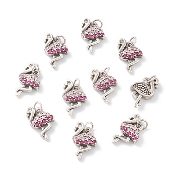 Brass Micro Pave Cerise & Pink Cubic Zirconia Charms, with Jump Rings, Long-Lasting Plated, Swan, Antique Silver, 14x7.5x2.5mm, Jump Ring: 4x0.5mm, Inner Diameter: 2.5mm