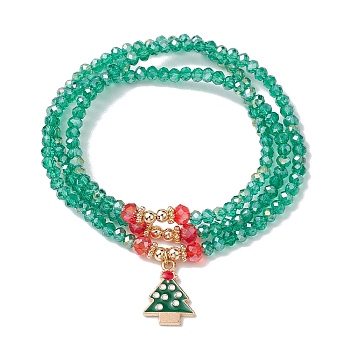 Faceted Glass Beaded Stretch Wrap Bracelets, Christmas Tree Alloy Enamel Charm Bracelets for Women, Green, Inner Diameter: 2-1/8 inch(5.5cm)