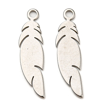 304 Stainless Steel Pendants, Laser Cut, Feather Charm, Stainless Steel Color, 25x6.5x1mm, Hole: 1.6mm