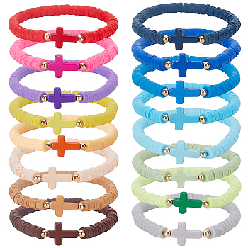 16Pcs 16 Style Polymer Clay Heishi Surfer Stretch Bracelets Set, Cross Stackable Preppy Bracelets, Mixed Color, Inner Diameter: 1-7/8 inch(4.9cm), 1Pc/style