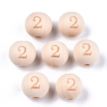 Unfinished Natural Wood European Beads, Large Hole Beads, Laser Engraved Pattern, Round with Number, Num.2, 15~16x14~15mm, Hole: 4mm