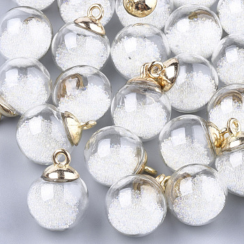 Glass Ball Pendants, with Micro Beads and CCB Plastic Findings, Round, White, 21x15.5~16mm, Hole: 2mm